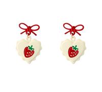 Cute Strawberry Earrings for Women Red Ribbon Strawberry Bow Stud Earrings Red Beaded Strawberry Shortcake Earrings Fresh Fruit Drop Earrings Fashion Funny Lucky Jewelry, M, Brass, No Gemstone
