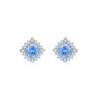 Cute Stud Earrings, Sterling Silver Earrings for Women Silver Blue Flower with Round Shape Blue Cubic Zirconia