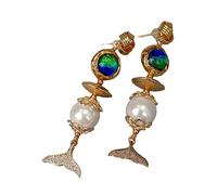 Cute style Blue Glass White Sea Shell Pearl Pave Fish Tail Drop Stud Earrings