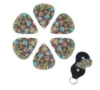 Cute Succulents Guitar Picks 6 Pack, 0.46mm Thickness Celluloid Bass Pick with Leather Guitar Pick Holder Keychain Abstract Art Pics Plectrum for Acoustic Electric Guitar, Ukulele, Bass