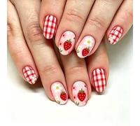 Cute Summer Press on Nails Red White Plaid False Nails