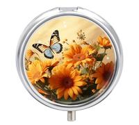 Cute Sunflower and Butterfly Pill Box Round Pill Case for Purse & Pocket 3 Compartment Medicine Pill Organizer Portable Travel Pillbox Medicine Vitamin Cod Liver Oil Storage Box