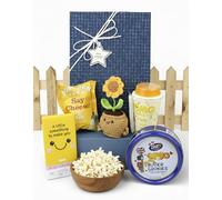 Cute Sunshine Snack Gift Hamper | Popcorn, Butter Cookies, Milk Chocolate, Lemon Bubble Tea & Crochet Sunflower | Sweet Surprise Gift Box for Birthday, Anniversary & Festivals