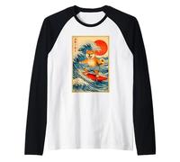 Cute Surfing Shiba Inu Dog Great Wave Kanagawa Ukiyo-E Art Raglan Baseball Tee