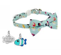 Cute Sushi Cat Collar in Mint with Bow Tie, Quick Release Safety Buckle, Bell & Optional Personalised Engraved Tag (With Fish Shape Tag)