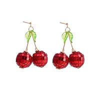 Cute Sweet Fruit Glitter Beads 3D Red Cherry Drop Earrings Disco Mirror Ball Earrings for Women Girls Dancing Party Jewelry, Metal Resin, resin