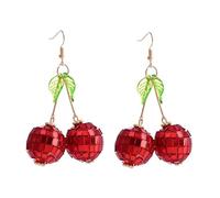 Cute Sweet Fruit Glitter Beads 3D Red Cherry Drop Earrings Disco Mirror Ball Earrings for Women Girls Dancing Party Jewelry, Metal Resin, resin
