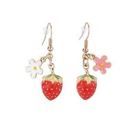 Cute Sweet Red Strawberry Flower Dangle Earrings for Women Adorable Dainty Enamel Lifelike Fruit Dangling Drop Fish Hook Festival Party Holiday Fashion Summer Jewelry Birthday Gift for Daughter Niece