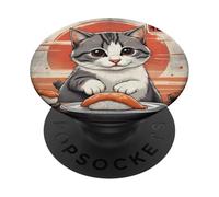 Cute tabby cat eagerly preparing to enjoy a piece of sushi PopSockets Adhesive PopGrip