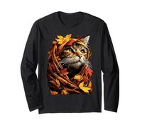 Cute Tabby Cat Fall Leaves Forest Vibes Autumn Aesthetic Long Sleeve T-Shirt