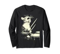 Cute Tabby Cat Playing Drums Funny Music Feline Drummer Long Sleeve T-Shirt