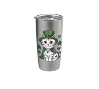 Cute Tabby Cat St Patricks Day Leprechaun Hat Green Clover Stainless Steel Insulated Tumbler