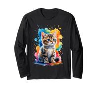 Cute Tabby Kitten with Colorful Splash Background Long Sleeve T-Shirt