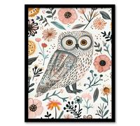 Cute Tawny Owl with Flowers Bright Watercolour Framed Wall Art Artery8 Multi A4