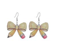 Cute Teacher Earrings for Women Funny Wooden Book Pencil Apple Bow Appreciation Dangle Earrings Back to School Teacher's Day Gift, S, Zinc, No Gemstone