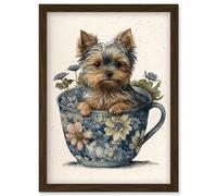 Cute Teacup Yorkshire Terrier Dog and Flowers in Floral Tea Cup Modern Watercolour Illustration Artwork Framed Wall Art Print A4 Artery8 Brown One Size