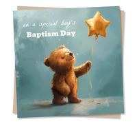 Cute Teddy Bear Baby Boy Baptism Card - On A Special Boy's Baptism Day - Holding Balloon - Congratulations Card for Baptism