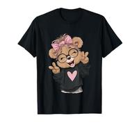 Cute Teddy Bear Girl Double Peace Sign Kawaii Pop Graphic T-Shirt