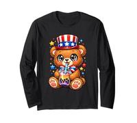 Cute Teddy Bear Patriotic 4th July Gift Bubble Boba Tea USA Long Sleeve T-Shirt