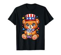 Cute Teddy Bear Patriotic 4th July Gift Bubble Boba Tea USA T-Shirt