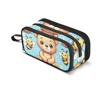 Cute Teddy Bear Sit with Bee on Blue Background Pencil Case, Large Capacity Pen Bag for Boys Girls 3 Compartment Pencil Pouch Students Stationery Organizer Marker Case for School Office Work