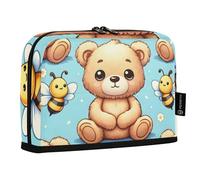 Cute Teddy Bear Sit with Bee on Blue Background Standing Pencil Case, Large Capacity Pen Bag for Boys Girls Multi-Layer Pen Pouch Pencil Holder Stationery Organizer for School Office Work