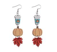 Cute Thanksgiving Coffe Earrings Autumn Maple Leaf Pie Pumpkin Beverage Fall Milktea Wooden Earrings Harvest Season Thanksgiving Jewelry Gifts, Wood, No Gemstone
