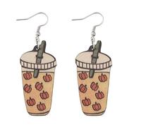 Cute Thanksgiving Coffe Earrings Autumn Maple Leaf Pie Pumpkin Beverage Fall Milktea Wooden Earrings Harvest Season Thanksgiving Jewelry Gifts, Wood, No Gemstone