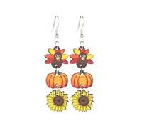 Cute Thanksgiving Turkey Pumpkin Maple Leaf Dangle Earrings Colorful Fall Sunflower Wooden Earrings Funny Holiday Jewelry, Wood, No Gemstone