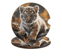 Cute Tiger 2PCS Car Coasters Absorbent Drink Coasters with A Finger Universal Wood Coffee Coaster for Cup Holders Non-Slip Car Cup Holder Coaster Cute Drink Mat Car Accessories for Women Men