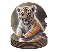Cute Tiger 6PCS Car Coasters Absorbent Drink Coasters with A Finger Universal Wood Coffee Coaster for Cup Holders Non-Slip Car Cup Holder Coaster Cute Drink Mat Car Accessories for Women Men