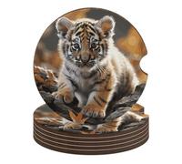 Cute Tiger 6PCS Car Coasters Absorbent Drink Coasters with A Finger Universal Wood Coffee Coaster for Cup Holders Non-Slip Car Cup Holder Coaster Cute Drink Mat Car Accessories for Women Men