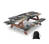 Cute Tiger Cub Print Waterproof Picnic Table Cover With Bench Cover Set Of 3 Elastic Edge Durable Outdoor Tablecloth