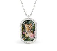 Cute Tiger in The Jungle Rectangle Pendant Necklace Silver Women Jewelry Alloy Keychain Tag Jewelry