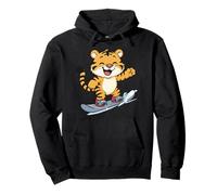 Cute Tiger On Snowboard Fun Winter Cartoon Pullover Hoodie