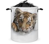 Cute Tiger Peeking Out of A Hole Laundry Basket Laundry Hamper Round Collapsible Drawstring Clothes Hamper for Bedroom Bathroom