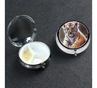 Cute Tiger Pill Case 3 Compartment Pill Box Portable Metal Pill Organizer Cute Travel Pill Container Vitamin Organizer for Purse Pocket Travel Gift