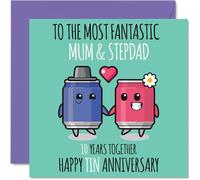 Cute Tin Anniversary Card for Mum & Step Dad - 10 Years Together - Happy 10th Wedding Anniversary Cards for Step Dad Mum, 145mm Greeting Cards Anniversaries