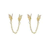 Cute Tiny Butterfly Double Piercing Huggie Small Stud With Short Chain Cuff Wrap Earrings for Women Cartilage Two Holes Animal Dangle Drop Hypoallergenic