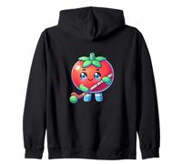Cute Tomato Playing Field Hockey Cartoon Zip Hoodie