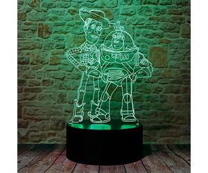 Cute Toy Story Sheriff Woody and Buzz Lightyear Anime Character 3D Optical Illusion LED Bedroom Decor Sleep Table Lamp with Remote 7 Colors Acrylic Visual Night Light Birthday Christmas Gifts for Kids