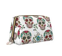 Cute Travel Makeup Bag for Women,Day of The Dead Sugar Skull Flower Leather Cosmetic Bag Purse Portable Waterproof Small Makeup Bag Organizer Toiletries Bag for Teen Girls Brushes,S