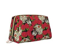 Cute Travel Makeup Bag for Women,Floral Print Sugar Skull Dia De Los Muertos Leather Cosmetic Bag Purse Portable Waterproof Small Makeup Bag Organizer Toiletries Bag for Teen Girls Brushes,S