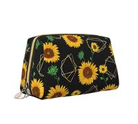 Cute Travel Makeup Bag for Women,Golden Geometric Shapes and Sunflowers Leather Cosmetic Bag Purse Portable Waterproof Small Makeup Bag Organizer Toiletries Bag for Teen Girls Brushes,S