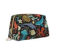 Cute Travel Makeup Bag for Women,Retro Sea Turtle Octopus Whale Leather Cosmetic Bag Purse Portable Waterproof Small Makeup Bag Organizer Toiletries Bag for Teen Girls Brushes,S