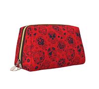 Cute Travel Makeup Bag for Women,Sugar Skull Red Leather Cosmetic Bag Purse Portable Waterproof Small Makeup Bag Organizer Toiletries Bag for Teen Girls Brushes,S