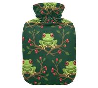 Cute Tree Frogs Green Hot Water Bottles with Soft Cover Bed Hand Feet Warmer Winter Gift Hot Water Bag for Neck and Shoulder Pain Relief