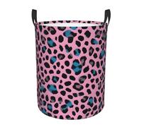 Cute Turquoise Leopard Large Laundry Basket Waterproof Oxford Fabric Collapsible Laundry Hamper With Handle, Round Folding Dirty Clothes Washing Storage Baskets For Bedroom Bathroom Dorm Living Room