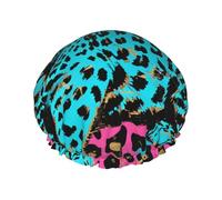 Cute Turquoise Leopard Printed Shower Cap,Waterproof Shower Cap For Women Reusable Shower Hat Bath Caps With Elastic Band