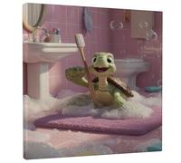 Cute Turtle Bath Canvas Wall Art, Green Peach Bubble Decor, Fun Bathroom Aesthetic Print for Kids Room, Playroom, Wrapped Canvas 12x12 Inch